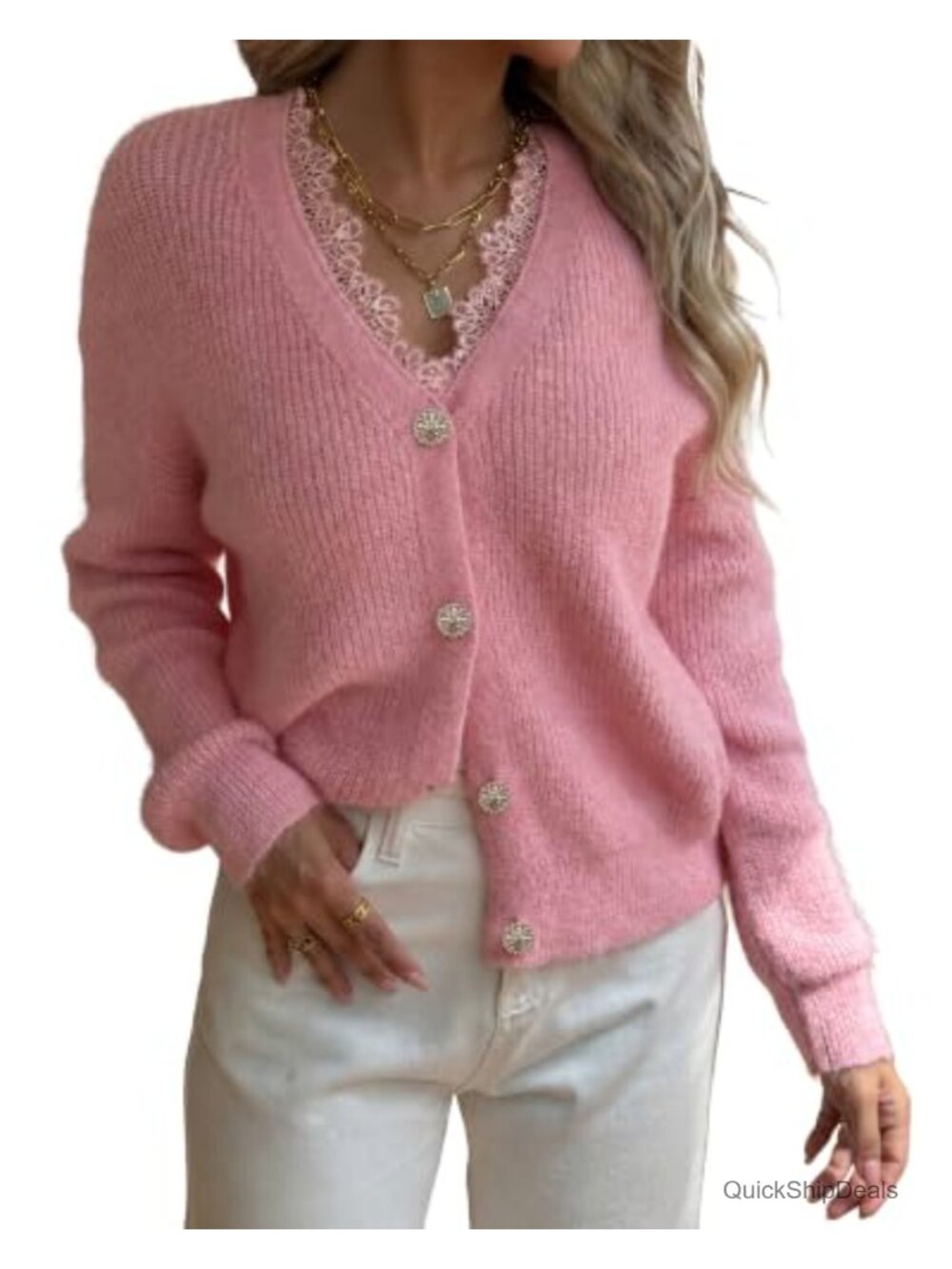 Women's Lace Button Up Knit Cardigan Sweater Long Sleeve V Neck Fall
